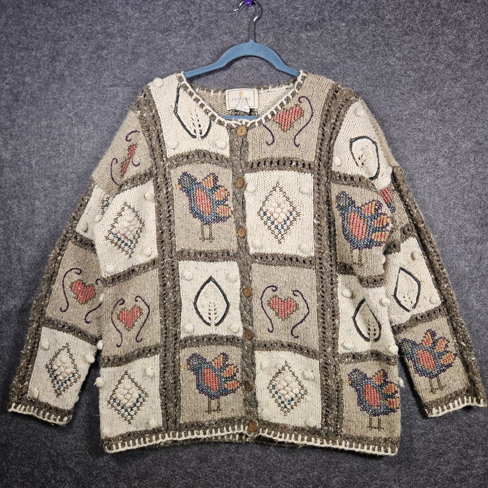 VTG Express Handknit Cardigan Bird Heart Patchwork Granny Cottagecore Cozy Sz M